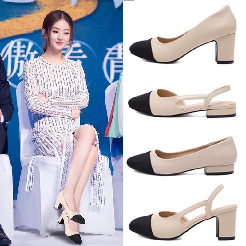 In Stock Cross-Border Small Size Women's Sandals Color Block High Heel Closed Toe Chunky Heel Flat Large Size Women's Shoes