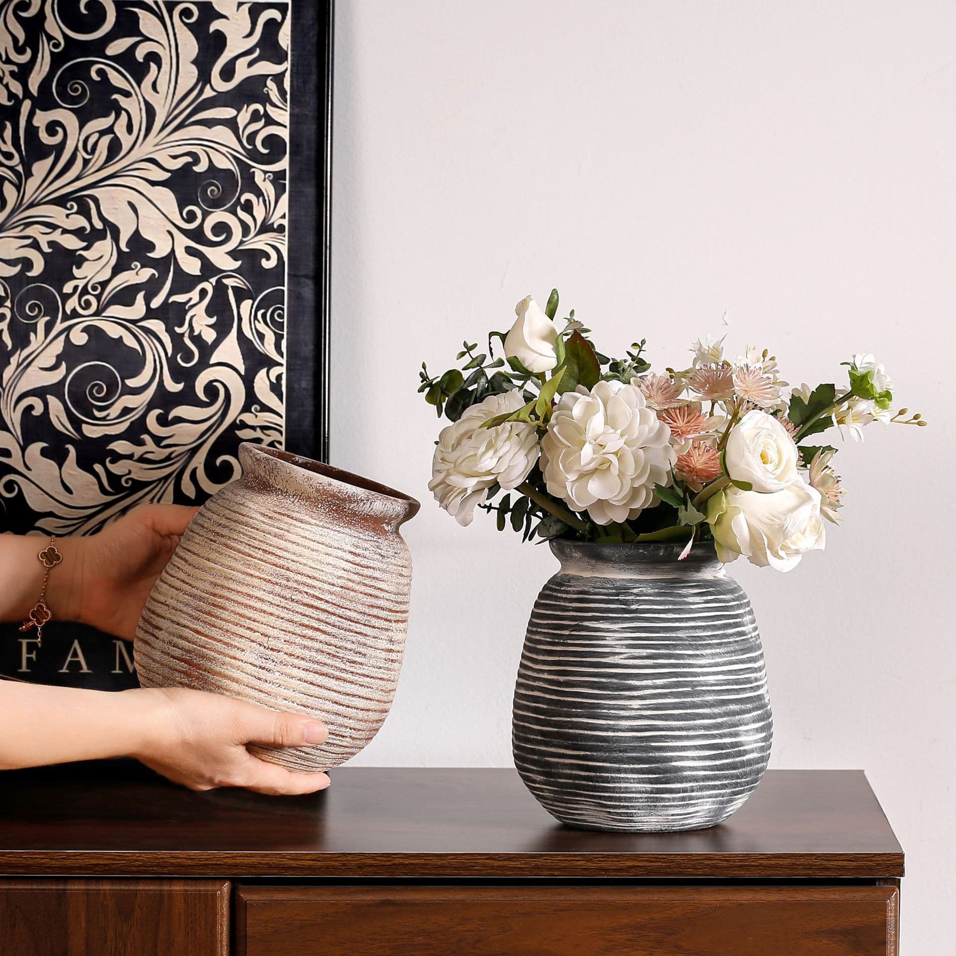 Vintage Wabi-Sabi Style Ceramic Vase Retro Horizontal Grain Flower Vase Hydroponic Vase Decorative Home Decor Soft Furnishing Match