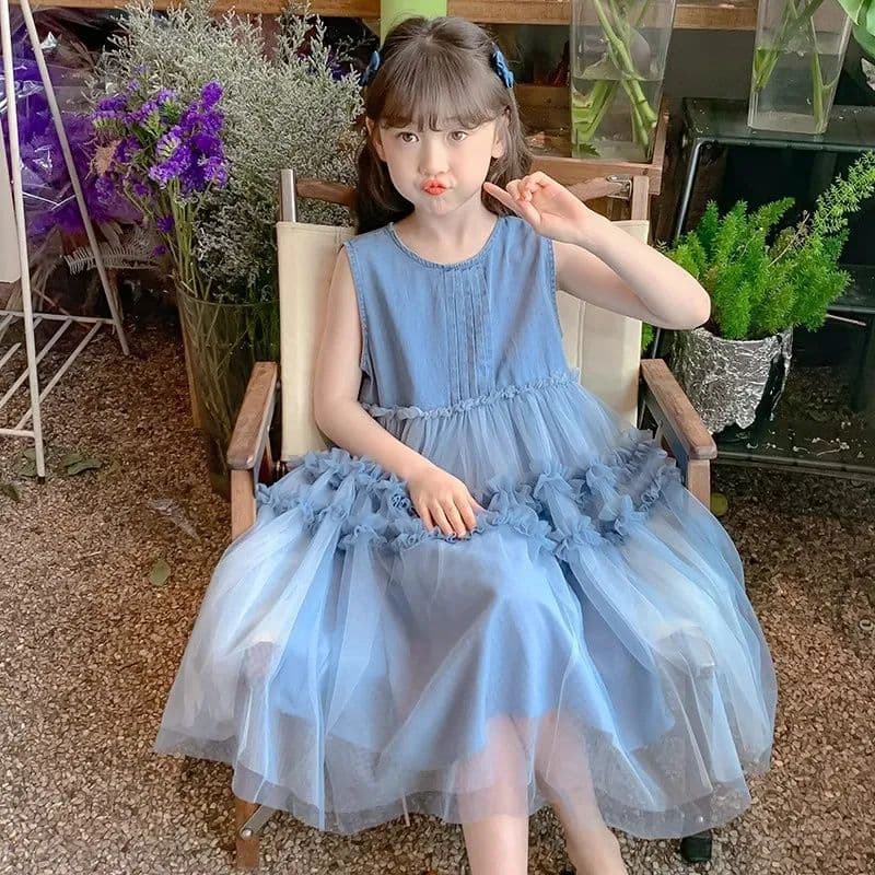 Girls' Dress 2025 New Fashionable Denim Vest Dress Summer Mesh High-End Princess Skirt