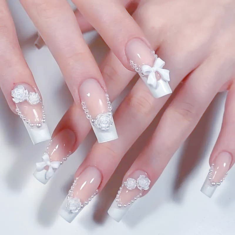 Cross-border Europe/US Medium-Long Almond-Shaped Butterfly Bow Nail Tips, Whitening European-American Style Press-On Nails
