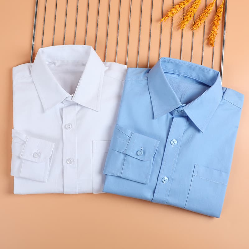 Boys' long-sleeved white shirts with pockets, children's clothing, sky blue shirts, cotton, middle and large children, primary school uniforms, white shirts