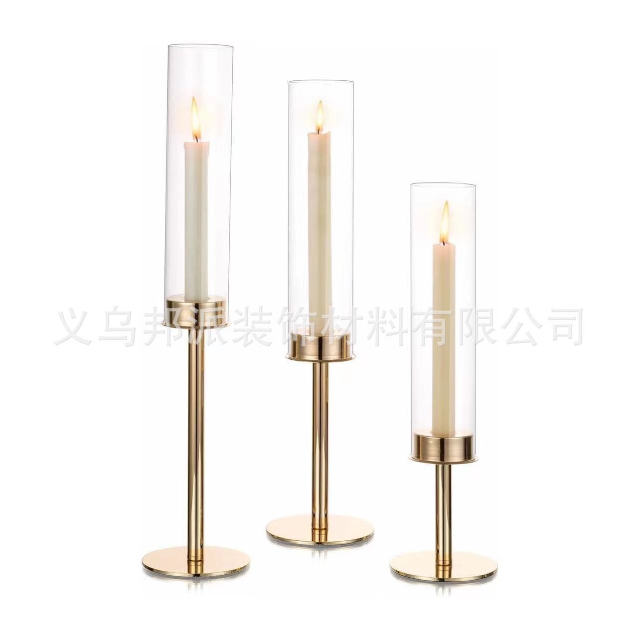 Cross-Border European Light Luxury Glass Candle Holder Windproof Decorative Iron-Plated Wedding Birthday Party Table Setting