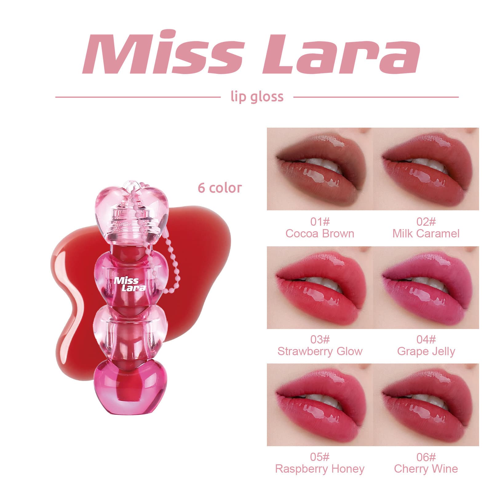Cross-border Cosmetics Miss Lara 6-Color Lip Gloss Sugar-coated Hawthorn Heart-shaped Chain Lip Gloss Water Light Jelly Mirror Lip Gloss