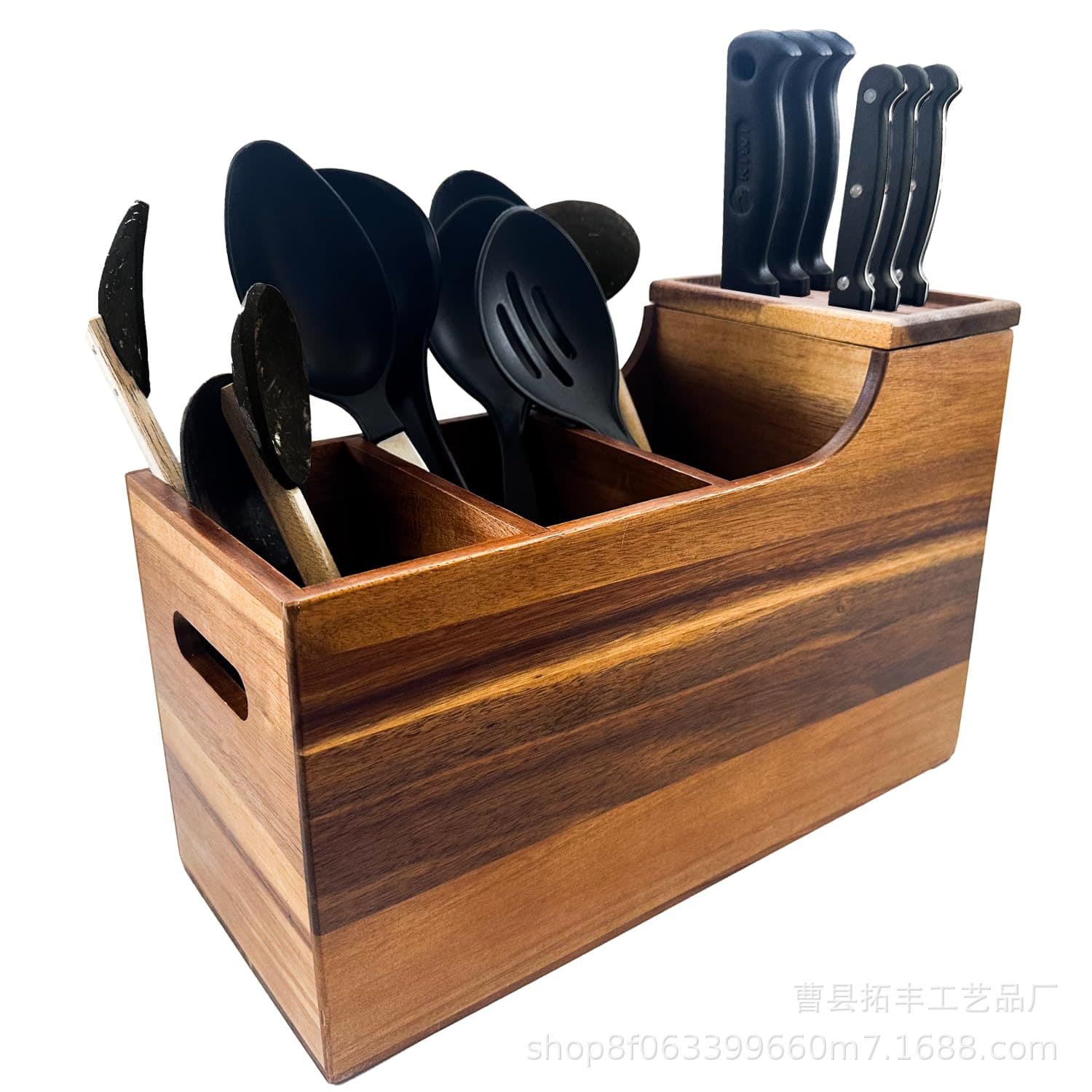 Wooden Utensil Holder Kitchen Organizer with Compartments for Knives, Forks, Spoons, and Cooking Tools with Knife Stand