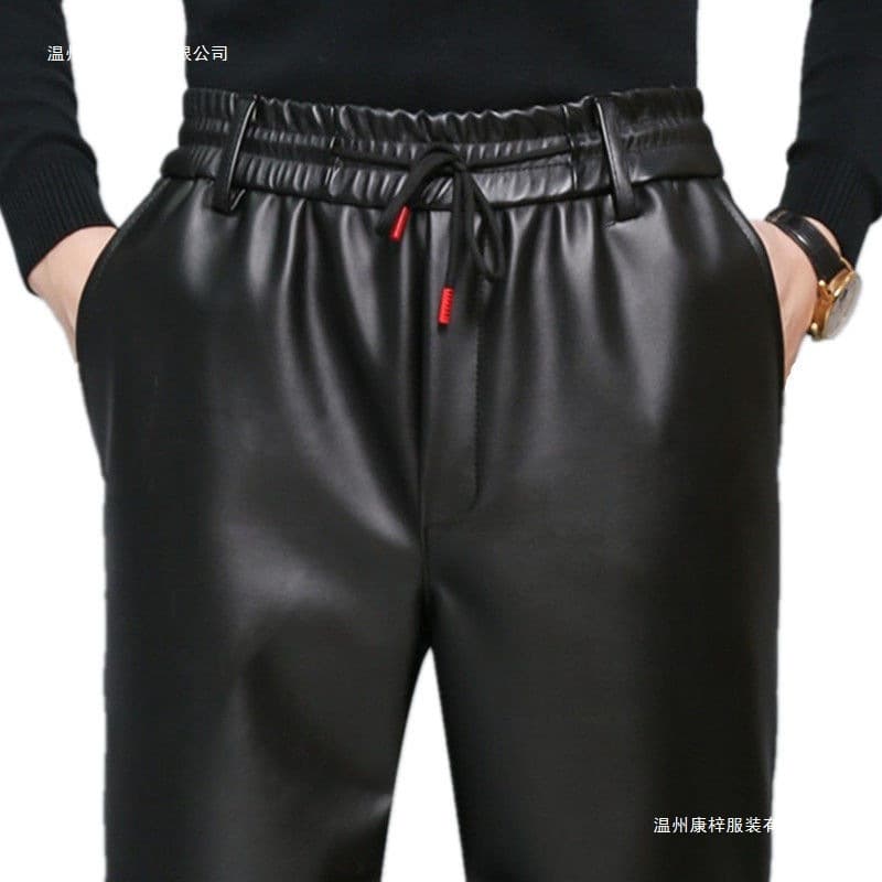 Leather Pants for Men, Soft Waterproof Leather Fleece-Lined and Thickened Autumn and Winter Straight Leg Loose Integrated Work Pants for Middle-Aged and Elderly, Color Block