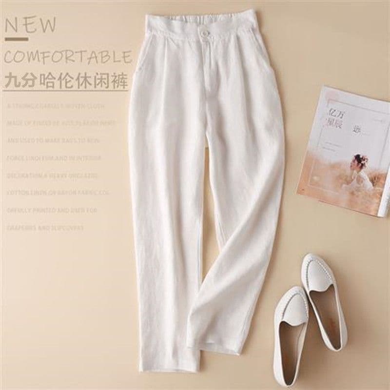 Women's Linen Cotton Cropped Pants, Summer High Waist Linen Suit Pants, Loose Fit Harem Pants, Plus Size Women's Summer