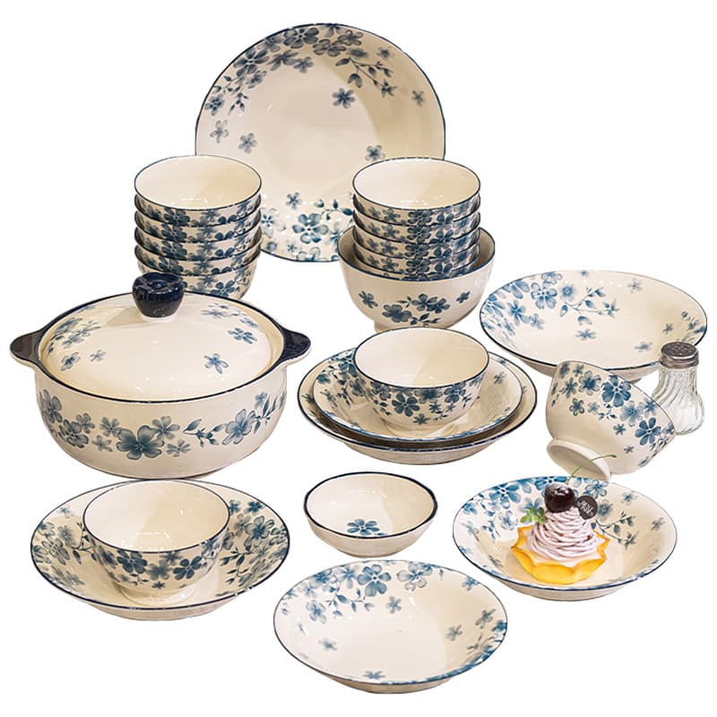 Bowl Home Blue Floral Blue and White Porcelain Vintage Bowl and Plate Set Light Luxury High Aesthetic Plates Kitchenware Individual Optional Bowl and Plate