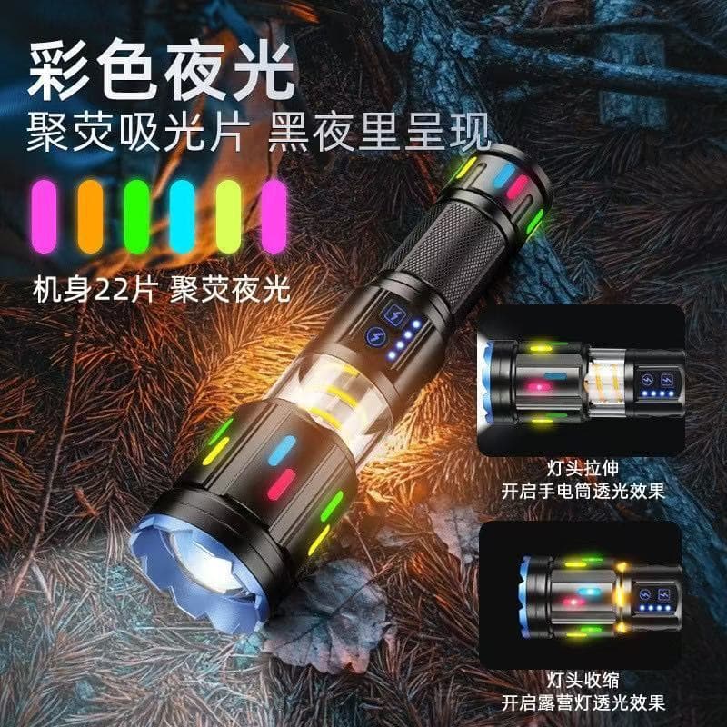 New High-Power Flashlight Camping Lantern Fluorescent Ambient Light USB Rechargeable Digital Display Outdoor Long-Range Zoom LED Portable