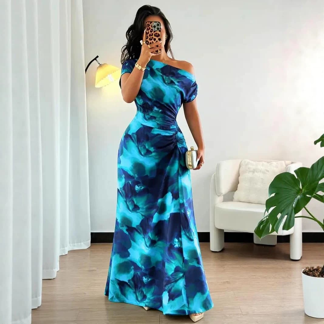 2026 Off-shoulder printed waist long dress Pleated slim fit dress Cross-border exclusive seaside vacation dress