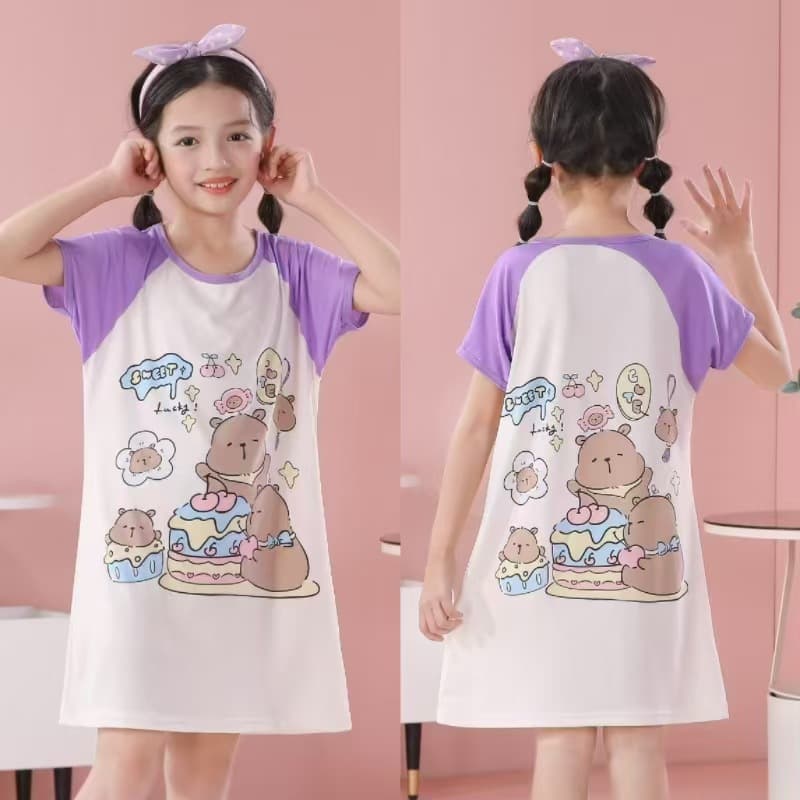 Children's nightgown, girls' pajamas, summer short-sleeved baby thin Korean style cartoon, medium and large children's home wear, summer