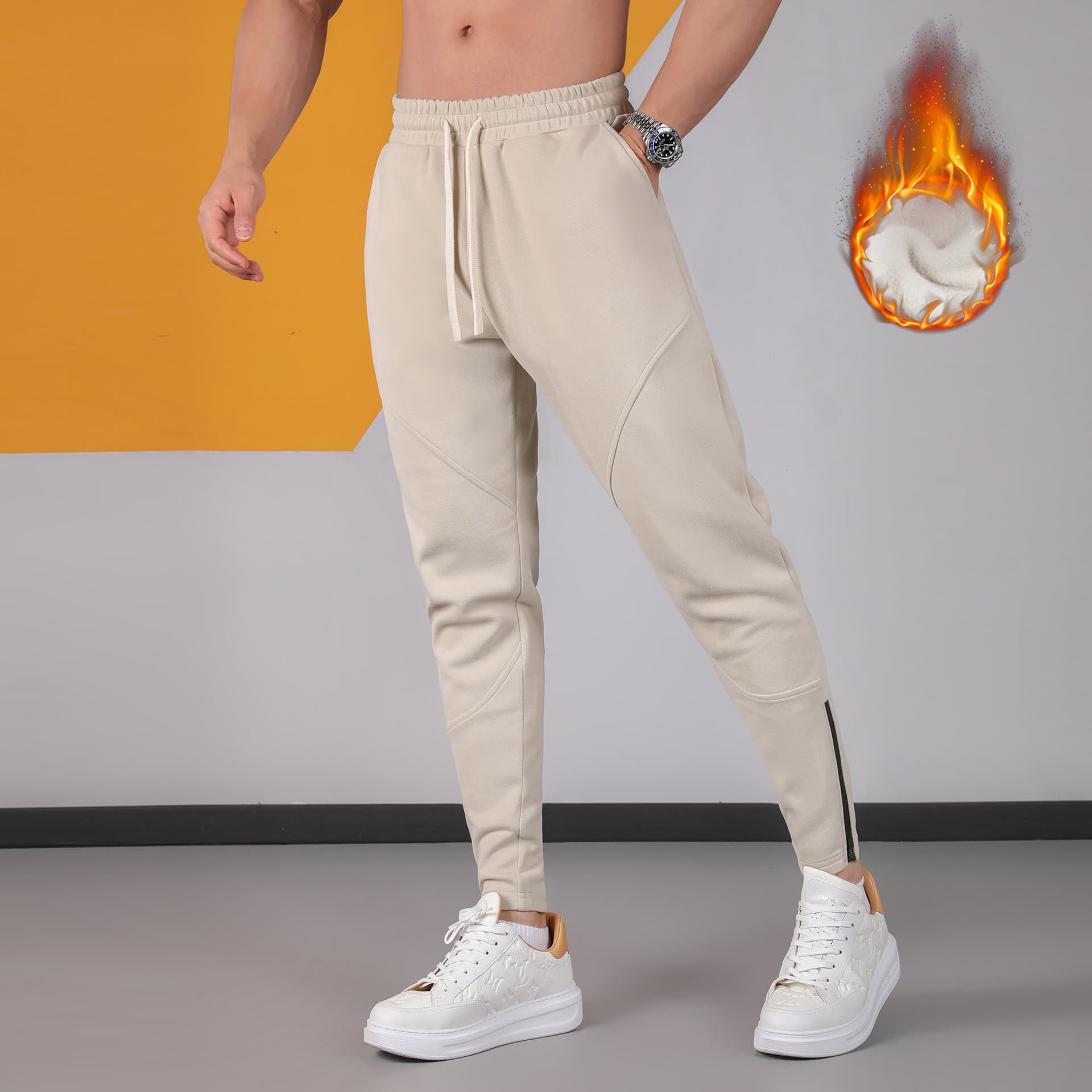 Winter Men's Wear Patchwork Outdoor Casual Fleece Joggers Warm Light Mature Trendy Sports Daily Zipper New Style 2024.