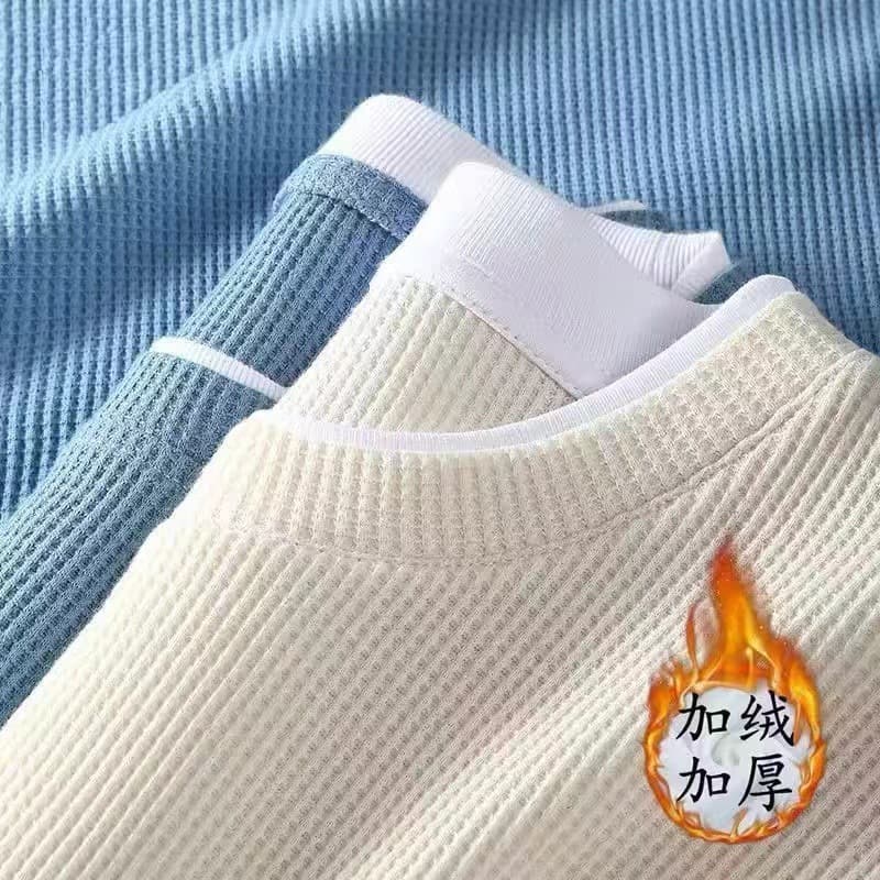 Clearance leakage waffle long-sleeved T-shirt men's autumn and winter new fake two-piece velvet warm pullover sweatshirt bottoming shirt