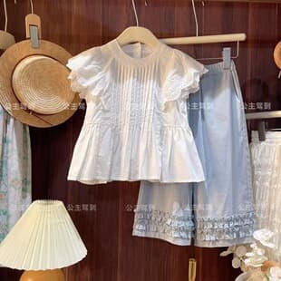 Girls Shirt Set Fashionable Flutter Sleeve Doll Shirt Summer Baby Korean Style Loose Wide-Leg Pants Two-Piece Set Summer