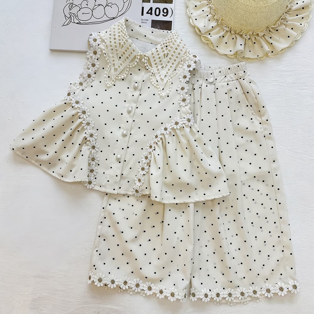 Girls hollow lapel polka dot sleeveless babydoll suit summer daisy lace elastic waist wide leg pants two-piece set