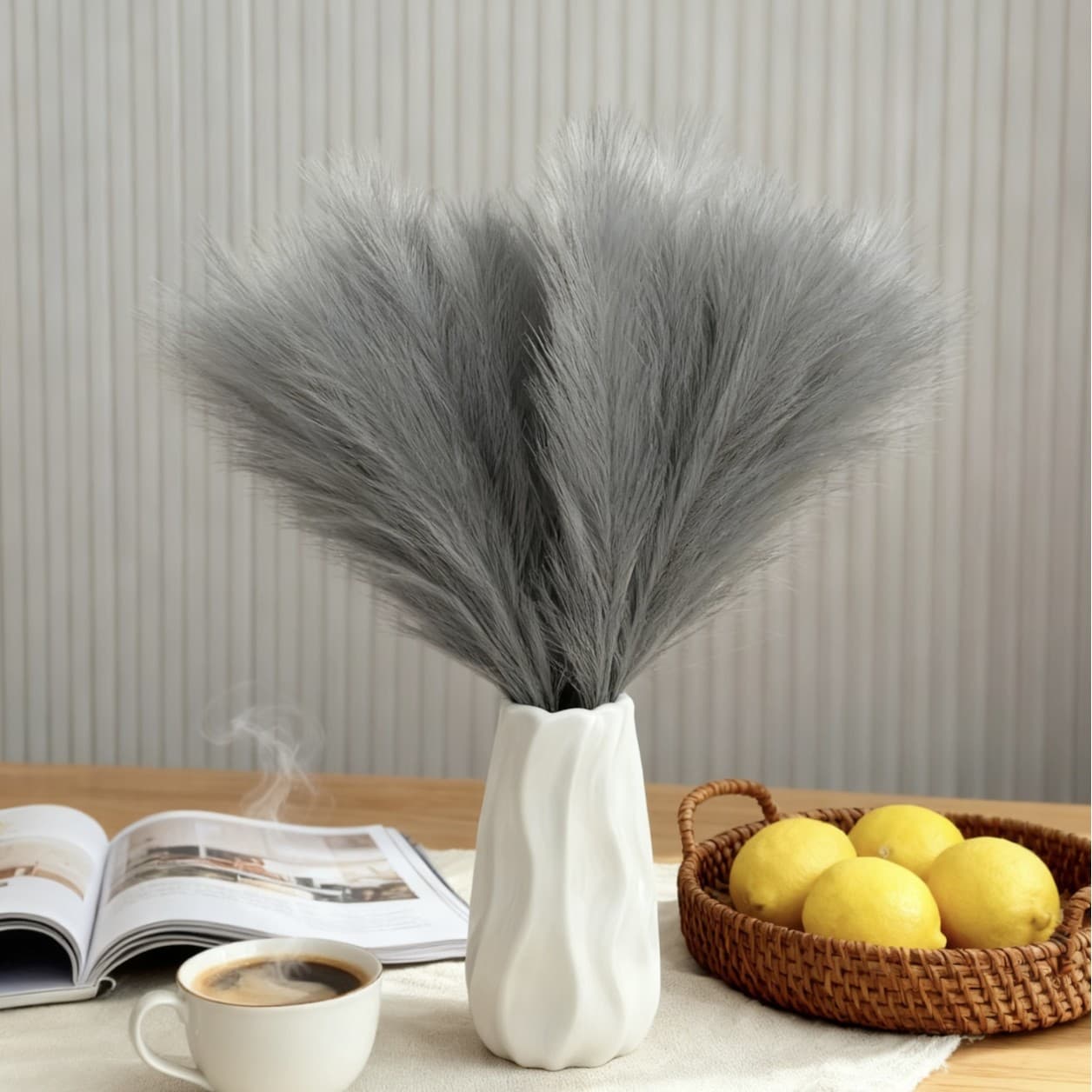 Simulated Splicing Reed 5-Prong Indoor Dried Flower Ornaments Living Room Decoration Bouquet Floor-Standing Ornaments Fake Flower Decoration Wholesale