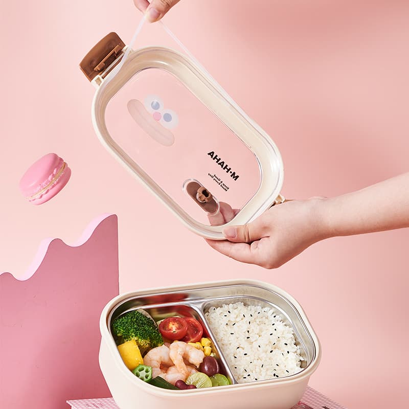 Home Use Cute Big Mouth Stainless Steel Lunch Box, Compartmentalized Bento for Elementary Students, Portable with Lid for Office Workers