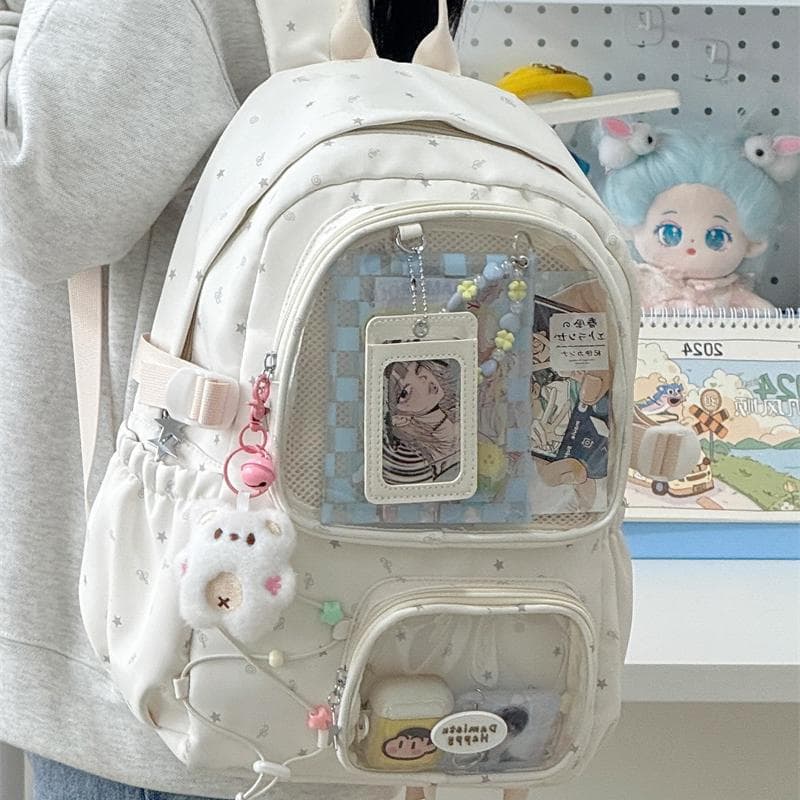 High-Aesthetic Backpack for Middle School Girls, Cute Japanese-Style Transparent Badge Display Backpack, Large-Capacity Double-Shoulder Student Bag, Trendy