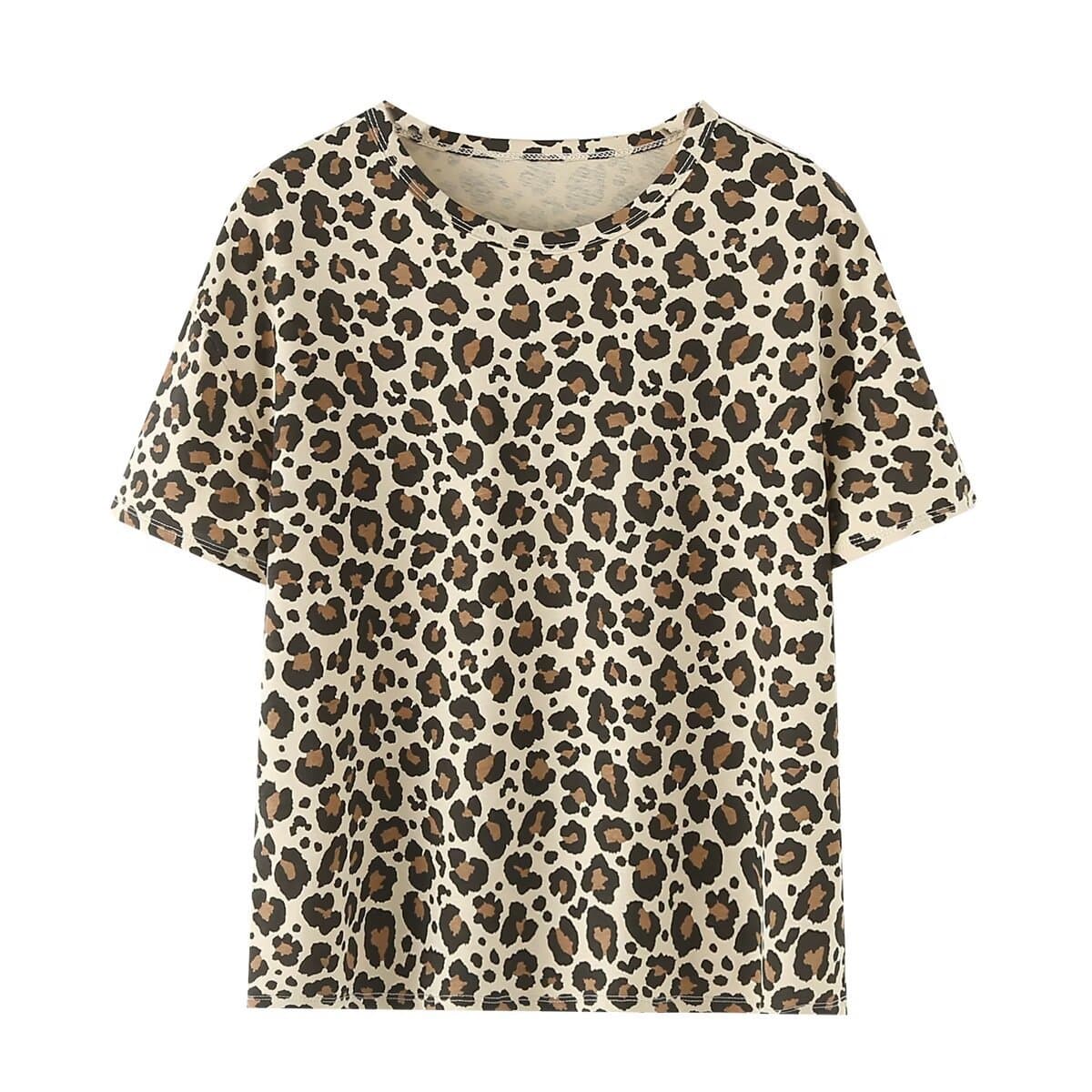 Z's Women's 2024 Summer New Fashionable Sexy Leopard Print Round Neck Pullover Short Sleeve Printed T-Shirt 0264370