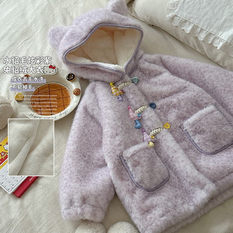Girls' fleece-lined coat, autumn/winter style, 2025 new cute umbrella sweater, baby winter warm hooded top