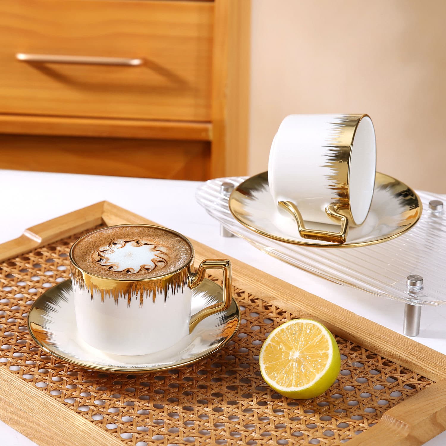 Nordic light luxury export high-value electroplated gold-rimmed ceramic coffee cup and saucer household daily afternoon tea cup and water cup