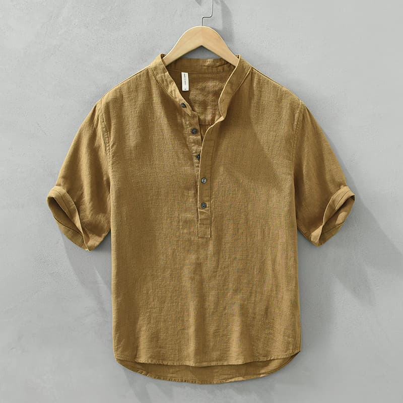 Wholesale Japanese Retro Stand Collar Cotton Linen Shirt Men's Casual Simple Short Sleeve Thin Linen Shirt Drop Shipping