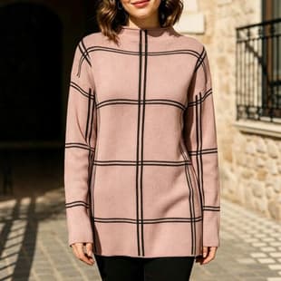 Cross-border Women's Fashion 2026 Independent Station European and American Women's Fall/Winter New Arrival Plaid Half High Round Neck Mid-length Sweater for Women
