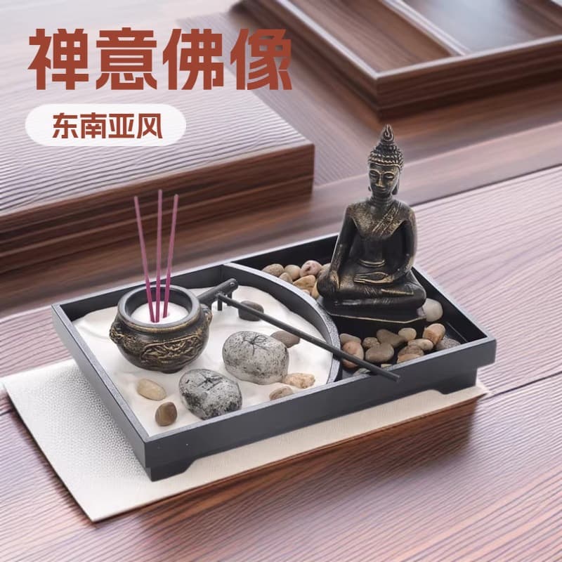 Buddha Statue Ornaments Iron Art Candlestick Wooden Dry Landscape Sand Tray Decorative Crafts Attracting Wealth Zen Enlightenment