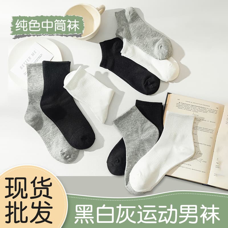 Men's Mid-Calf Sport Socks Pure Color Anti-Slip Sweat Absorbent Summer Short Autumn Long Black White Cotton Casual Socks