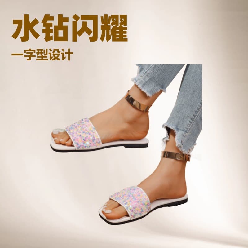 Comfortable Flat Bottom Sandals Women's Large Size Casual Diamond Embellished Slip-On Shoes Synthetic Upper Rubber Sole