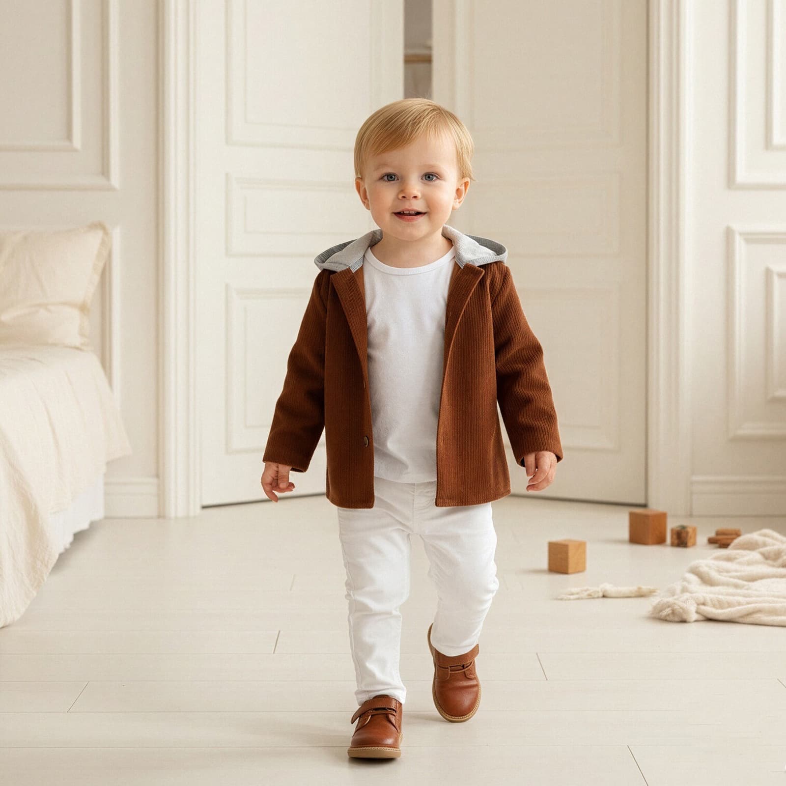 Kids Retro Warm Outwear 2026 European and American Fall/Winter Style Baby Boy Hooded Color-Block Corduroy Coat