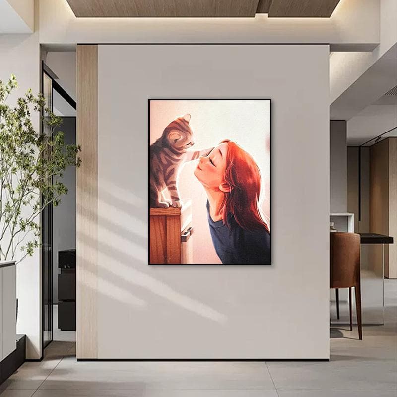 Handmade stone slab dining room decorative painting, high-end aluminum alloy frame, children's room or master bedroom cat girl 333