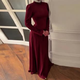 2026 Cross-border Trade EU US Amazon New Women's Red Elegant Long Sleeve Round Neck Waist Fashion Dress