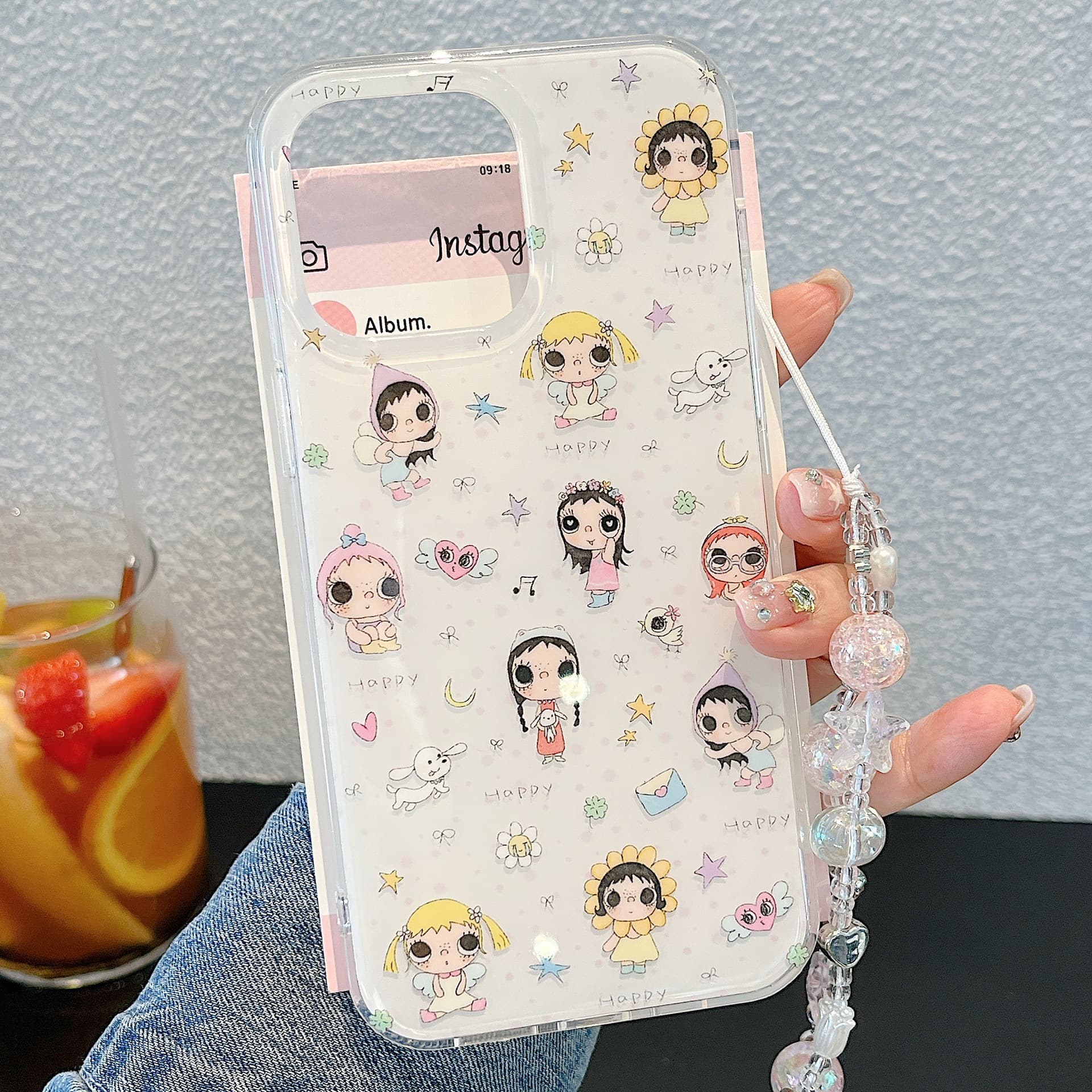 Cute cartoon girl iPhone 17 mobile phone case transparent soft case with chain suitable for Apple 15/16 anti-fall case