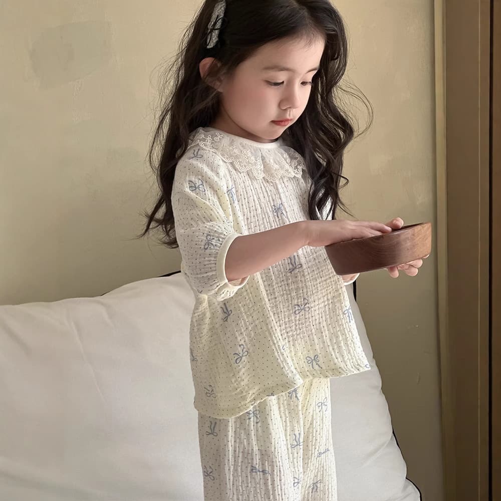 Girls' Pajama Set Summer Pure Cotton Gauze Three-Quarter Sleeve Set Girls Baby Air-Conditioned Clothing Children's Sleepwear 2026