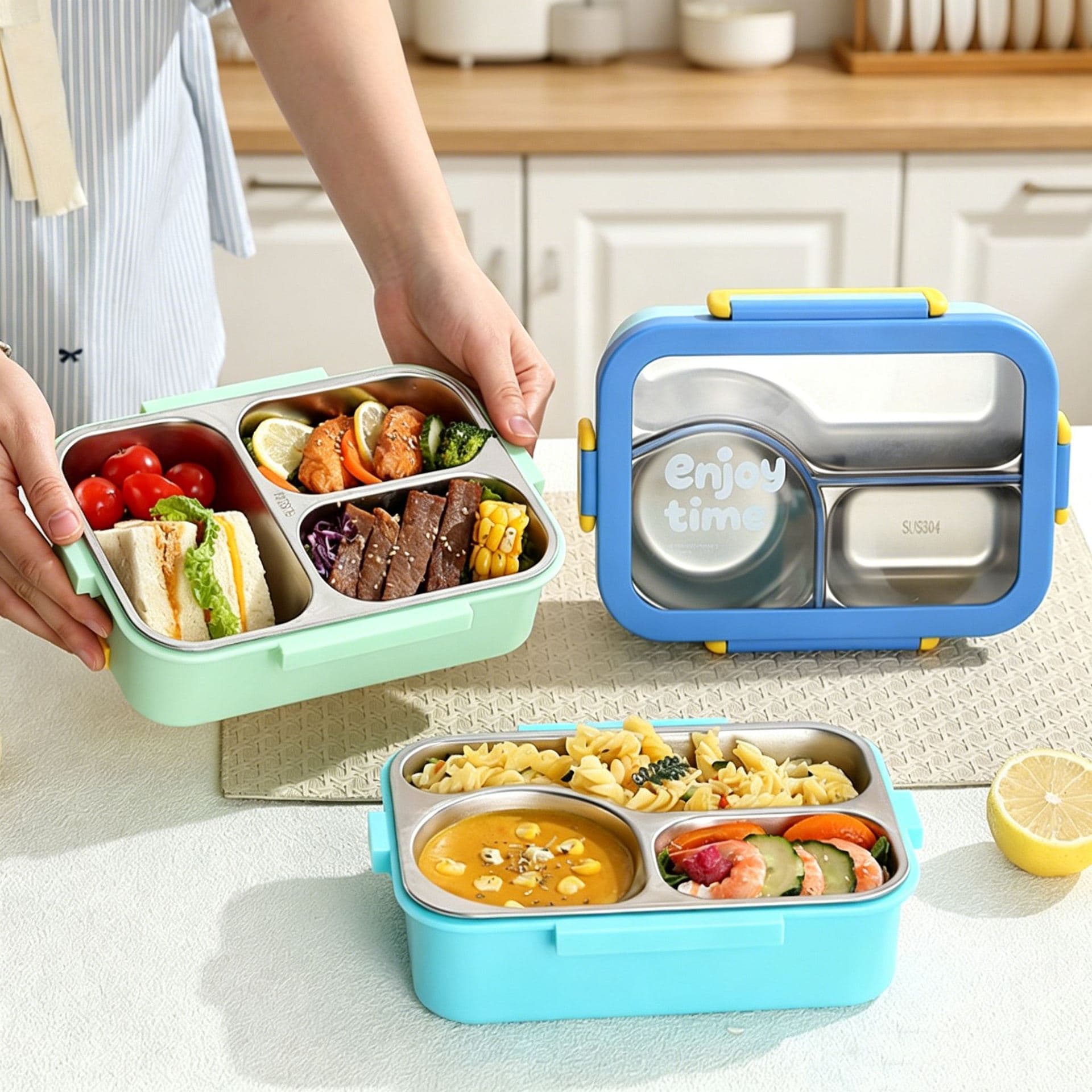 Lunch Box with Compartments, Bento Box with Fork and Spoon, Portable Children's Lunch Box with Separate Compartments, 304 Stainless Steel Sealed Lunch Box, No Odor Transfer