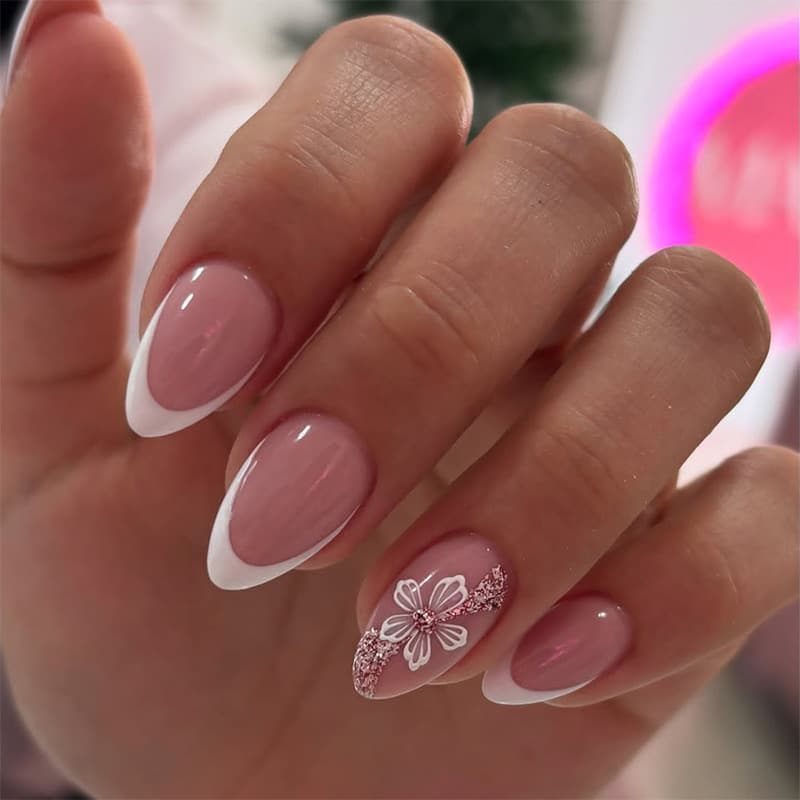 French Floral Glitter Almond Press-On Nails Hot-Selling Minimalist White Edge False Nail Tips Finished Cross-Border Wholesale nail
