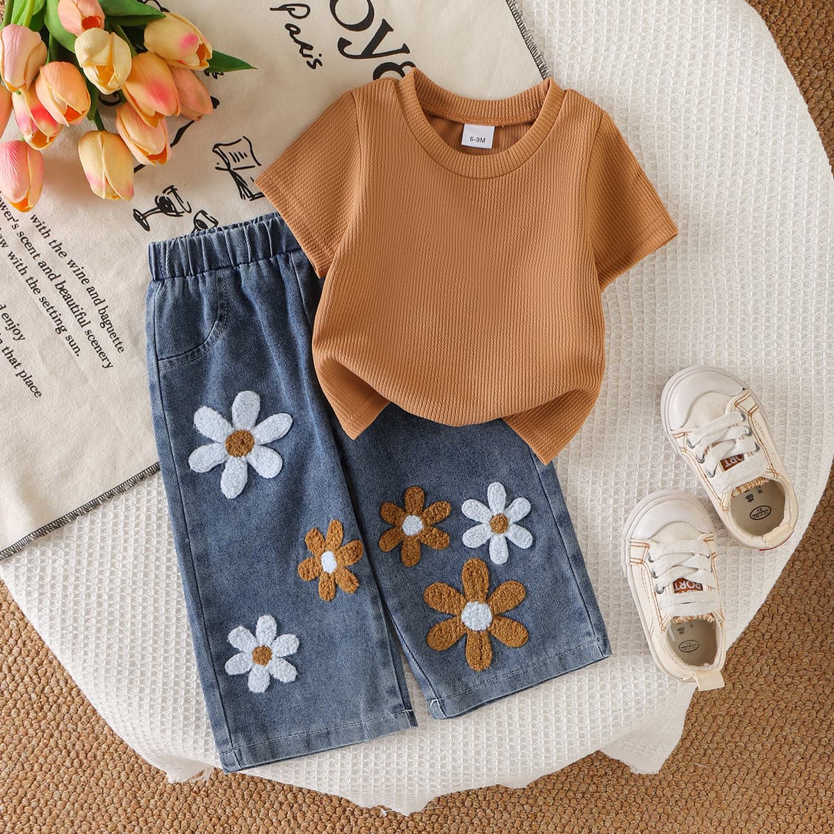 Baby Girls Clothes 0-3Y Summer Short Sleeve Solid Top + Embroidered Denim Long Pants In Stock