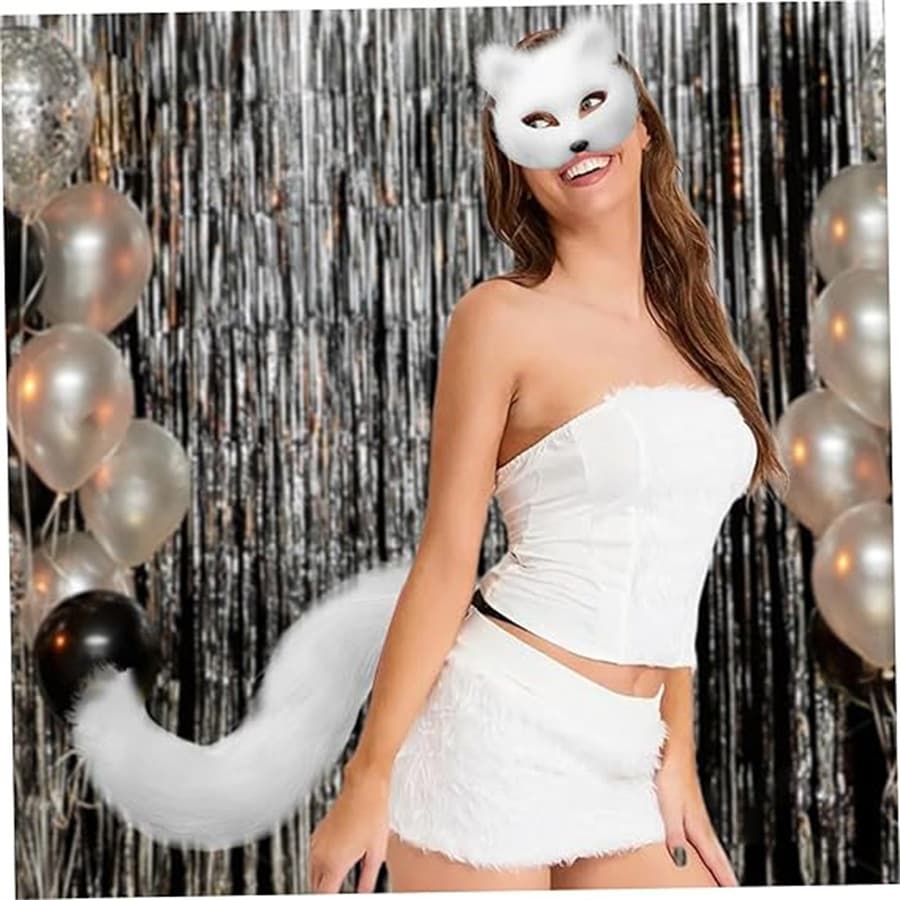 Plush Fox Tail Cat Wolf Role-playing Costume Set Fluffy Claw Gloves Halloween Party Animal Character Outfit with Velvet Mask
