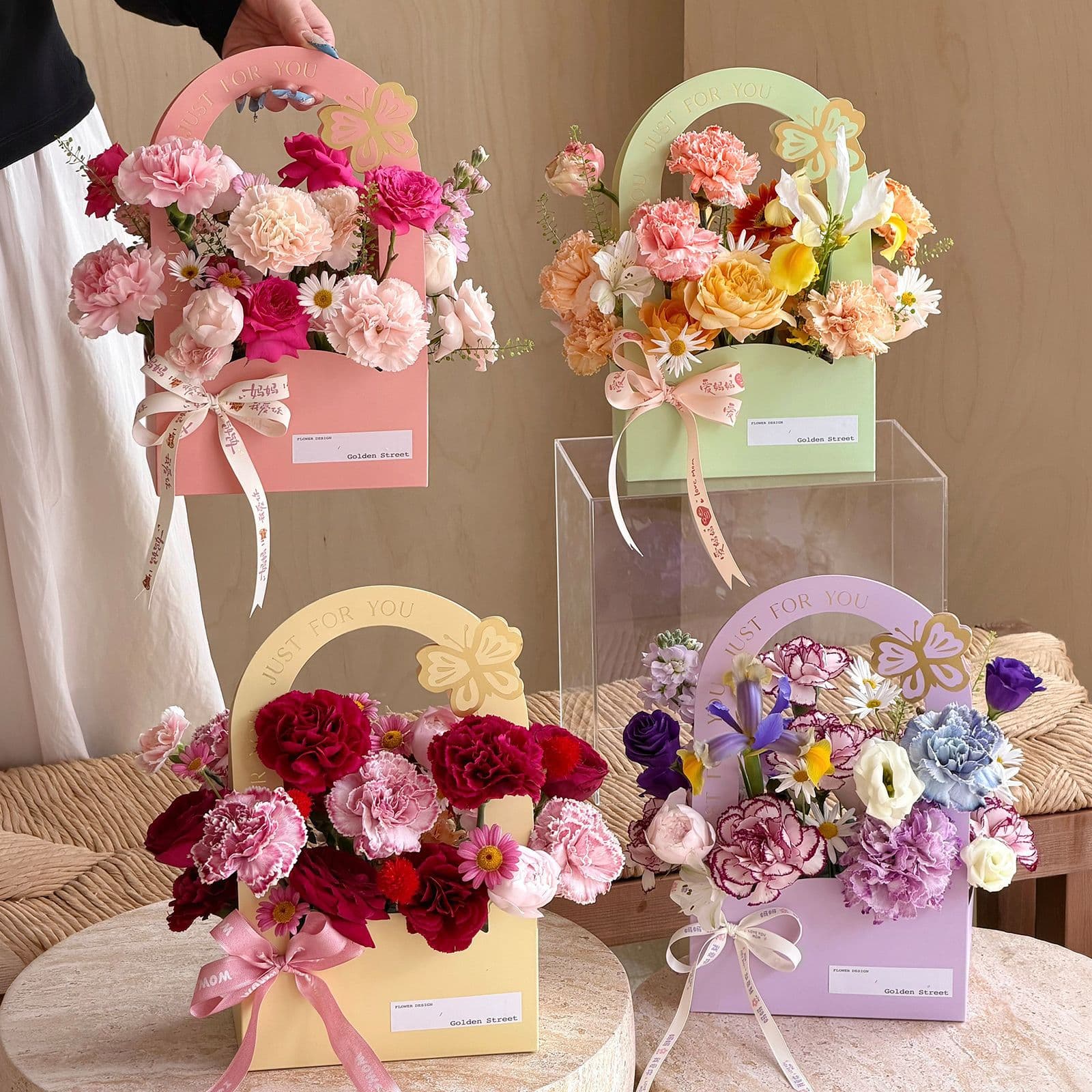 Mother's Day Flower Gift Box with Handle, DIY Flower Basket, Paper Floral Wrapping Material, Handheld Flower Box