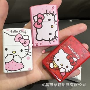 Hello Kitty Cartoon Cute Kerosene Lighter Windproof Flint Wheel Ignition Flip Lid Creative Personality