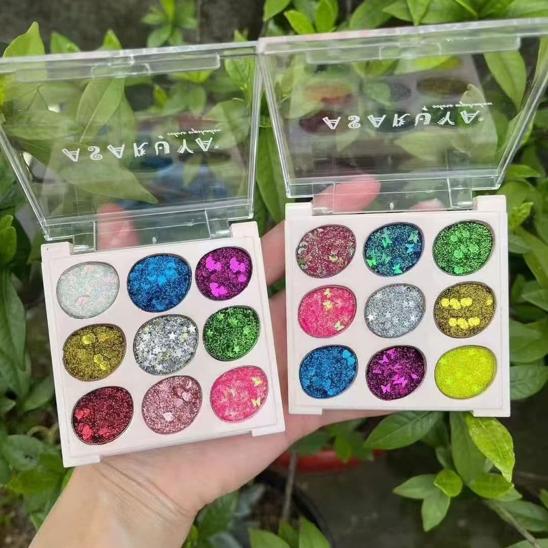 Asareya 9-Color Glitter Large Sequins Gel Glitter Eyeshadow Palette for Students Stage Performance Clubbing Colorful Universal
