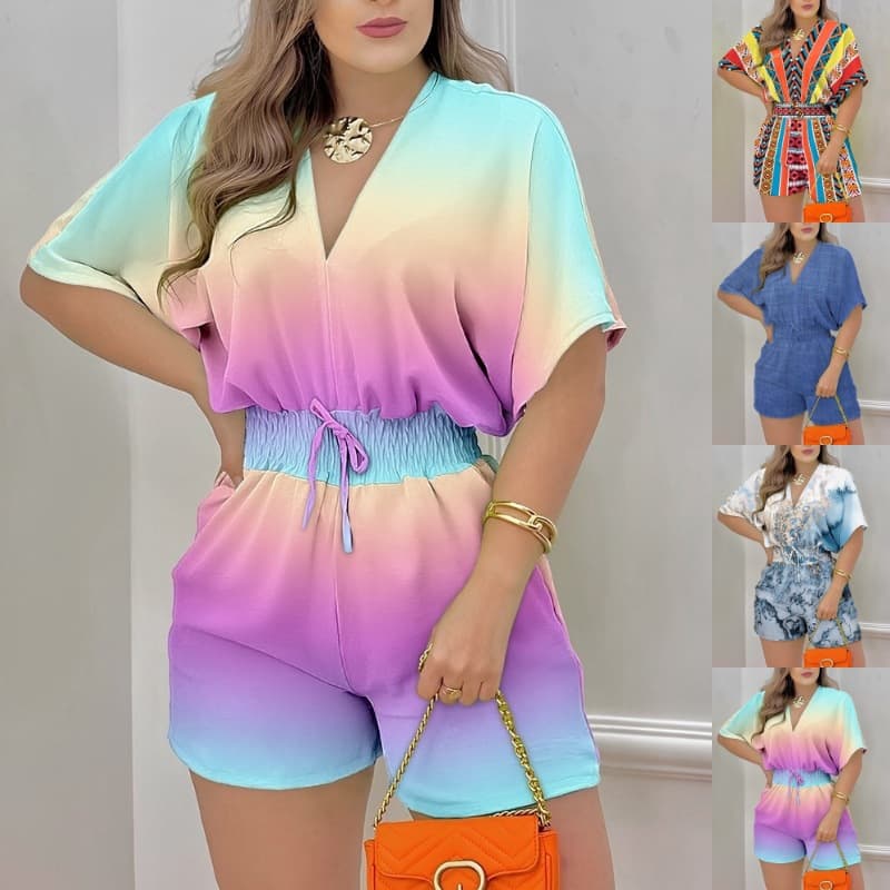 2024 Summer New Export European and American Clothing Amazon AliExpress Independent Station Short-Sleeve V-Neck Lace-Up Jumpsuit