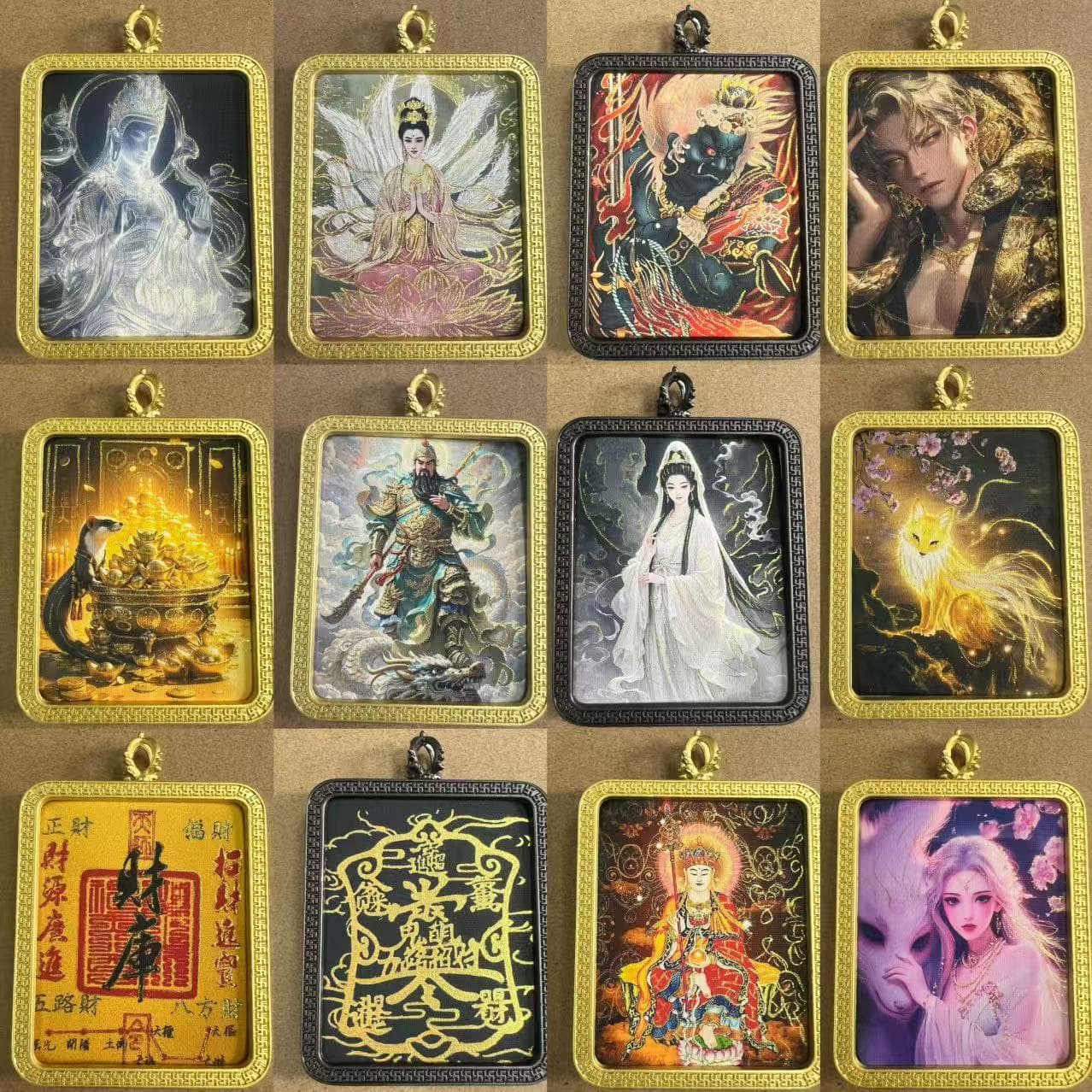 Hand-gilded Thangka Gau Box Pendant, Wealth God Guan Yu, Nine-tailed Fox, Mahakala Guardian, Wholesale Drop Shipping Buddhist Amulet