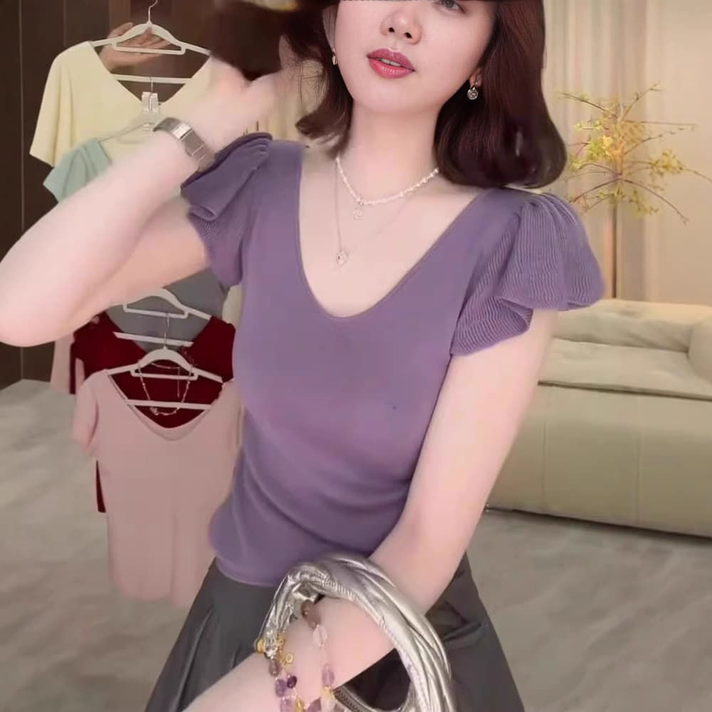 2025 New Style Pure and Sweet Purple Small Flutter Sleeve Knit Top for Women, Thin Summer Fashionable V-Neck Short Sleeve Cropped Blouse
