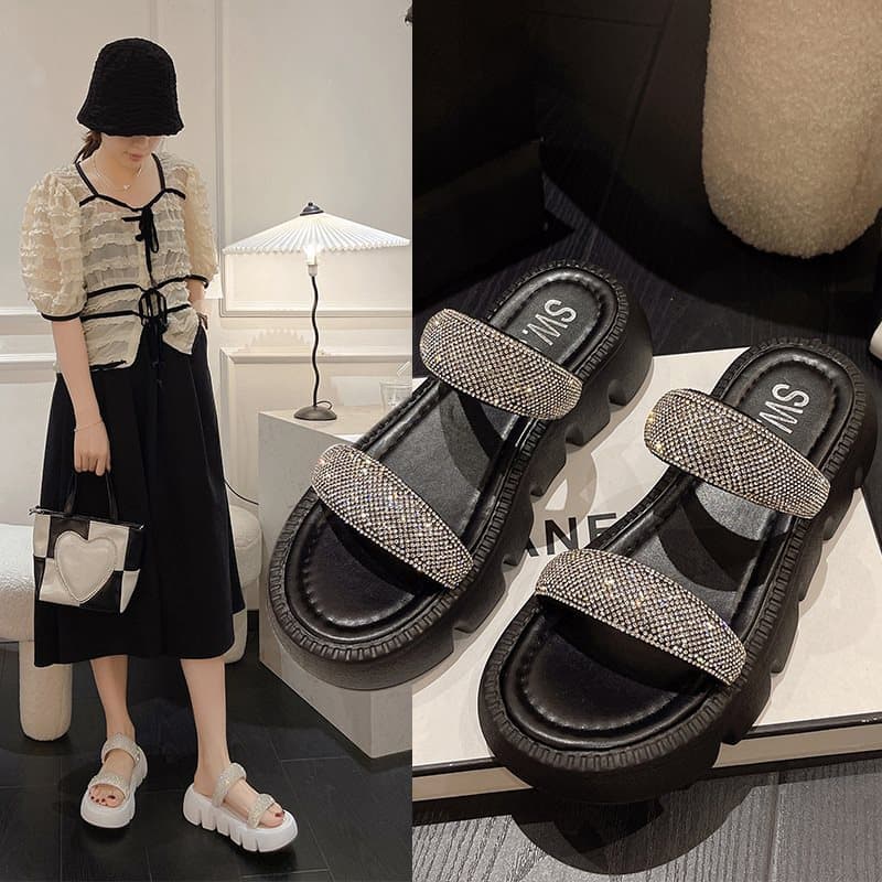 Flat Casual Sandals for Women, Low Heel Breathable Summer Slippers, New Rhinestone Versatile Flip Flops Women's Shoes