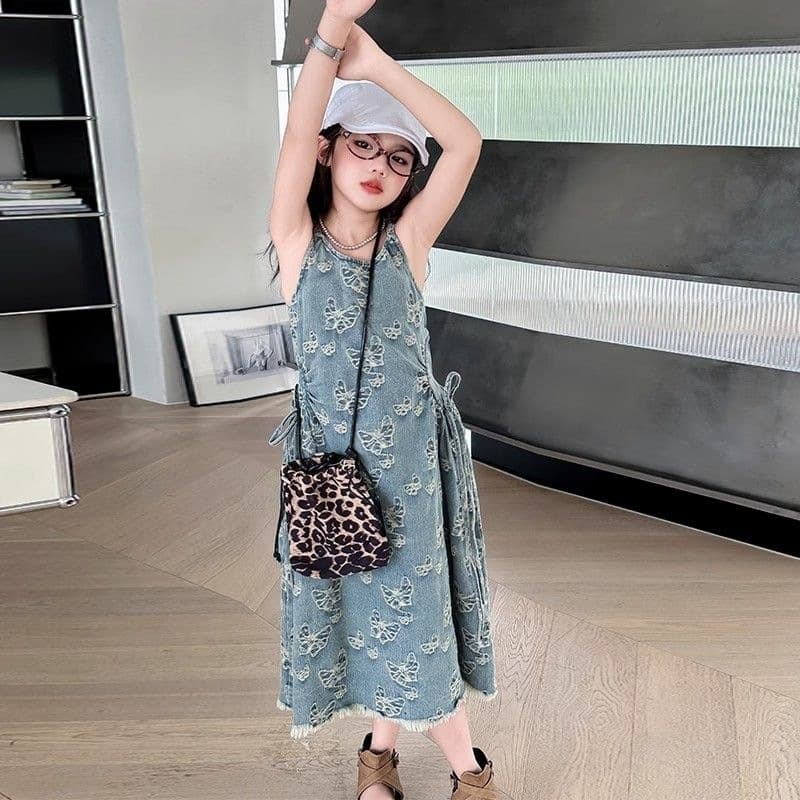 Girls' Denim Dress, Stylish Summer New Style, Children's Summer Butterfly Suspender Dress, Elegant Korean Style Dress