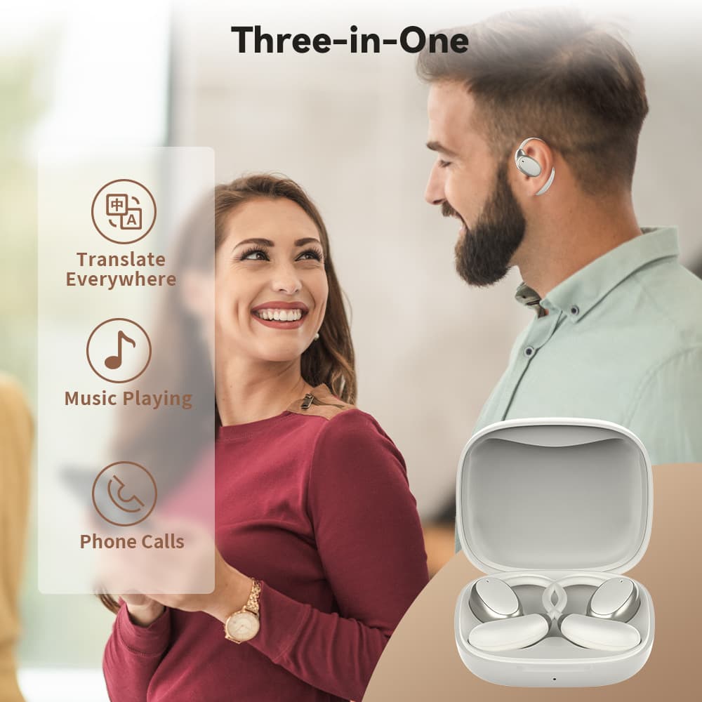 AI-powered smart translation earphones for global business travel, offline translator for multiple languages including Arabic and Southeast Asian.
