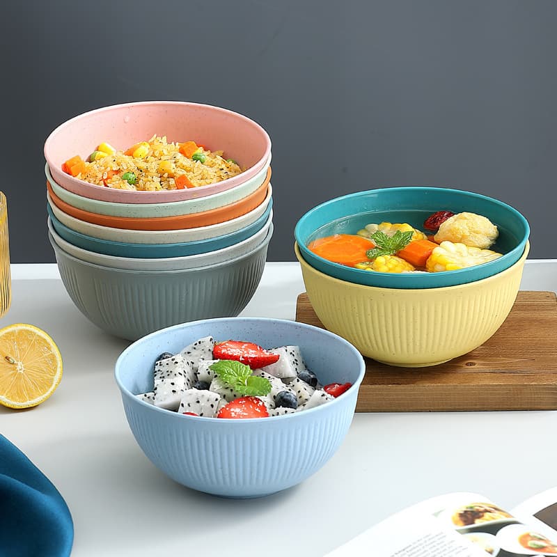 Cross-border wheat straw bowl 15cm soup bowl vertical pattern large edible bowl student dormitory instant noodle bowl children's fall-resistant bowl