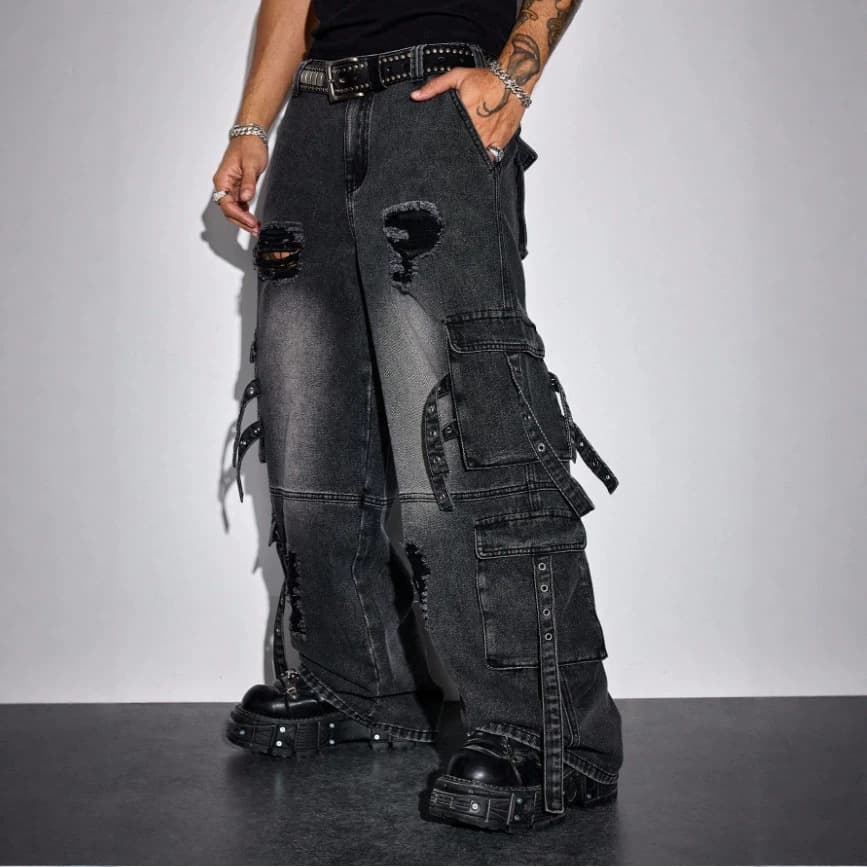 y2k dark gothic European and American cross-border pocket ripped jeans retro washed high street hip hop wide leg pants for men