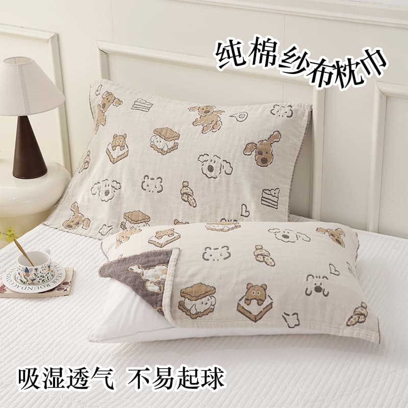 New pure cotton four-layer gauze pillow towel, soft and breathable for adult couples, student homestay cartoon pillow cover.
